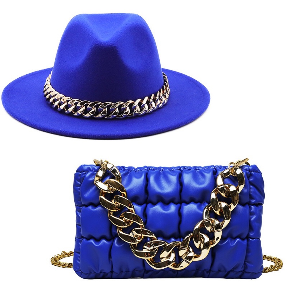 NWOT Stunning 2pcs Set/Royal Blue Big Brimmed Fedora Hat /Chain Purse